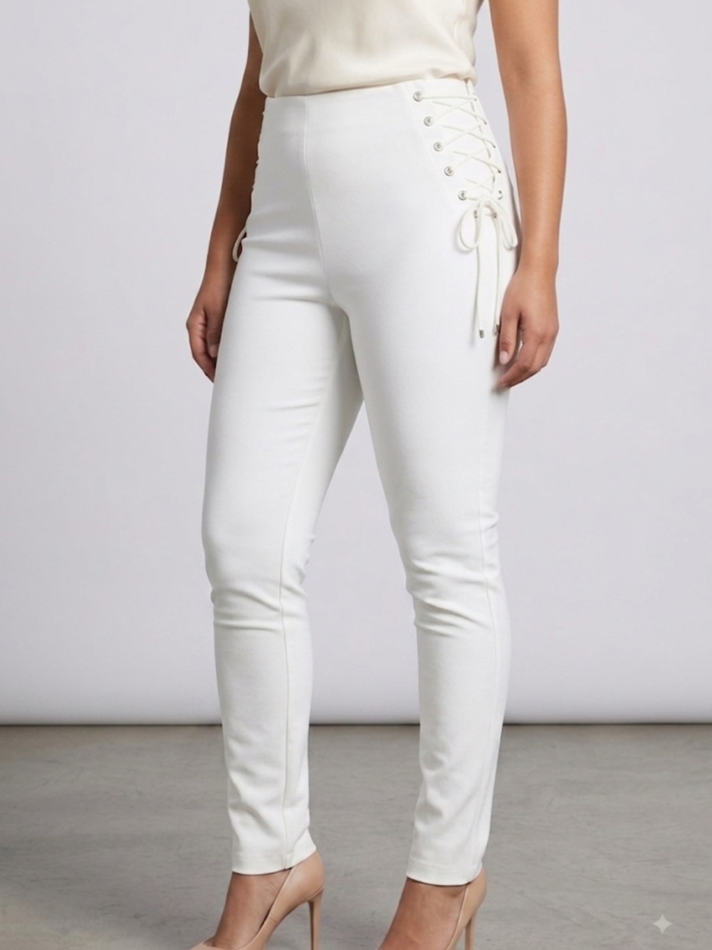 Source Unknown High-Waist Straight Leg White Pants with Side Lace-Up